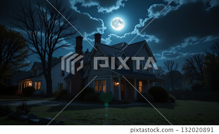 A serene, residential neighborhood at night during what appears to be a full moon phase 132020891