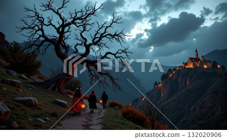A serene nighttime landscape featuring a group of people walking along a path in the foreground 132020906
