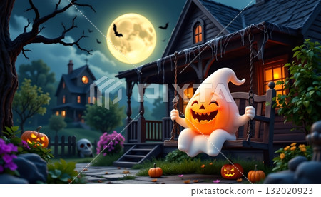 A Halloween themed scene with a cartoon witch character sitting atop a porch swing in front of a house that is decorated for Hallo 132020923