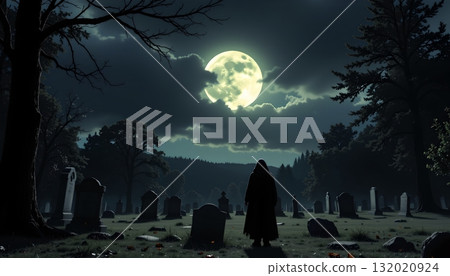 A serene nighttime scene in a graveyard, with a single figure standing alone amidst numerous gravestones 132020924