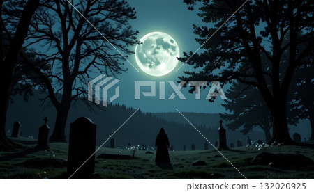 A nighttime scene in what appears to be a cemetery. The cemetery is illuminated by full moonlight, creating an eerie atmosphere A nighttime scene in what appears to be a cemetery. The cemetery is illuminated by full moonlight, creating an eerie atmosphere 132020925
