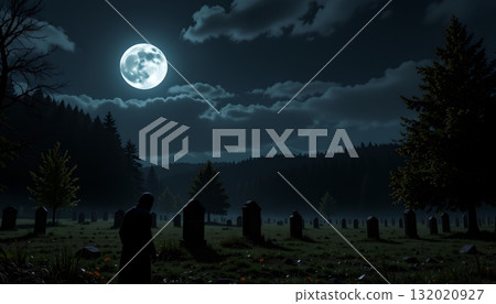 A tranquil night scene in a cemetery under a full moon 132020927