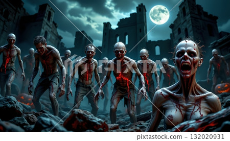 A group of zombie figures with pale, gaunt faces, black eyes 132020931