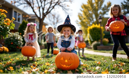 There are three children playing in a park during the autumn season 132020958