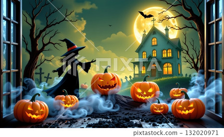 A Halloween themed scene with a haunting atmosphere 132020971