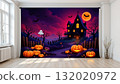 A Halloween themed wall mural hanging in an indoor space with a view of a festive autumnal scene outside through the window 132020972