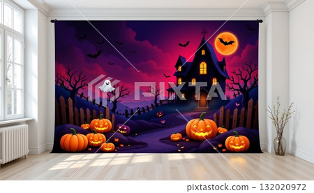 A Halloween themed wall mural hanging in an indoor space with a view of a festive autumnal scene outside through the window 132020972