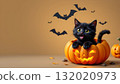 In the center of the image, a black cat with green eyes sits within a large pumpkin 132020973