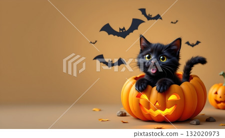In the center of the image, a black cat with green eyes sits within a large pumpkin 132020973