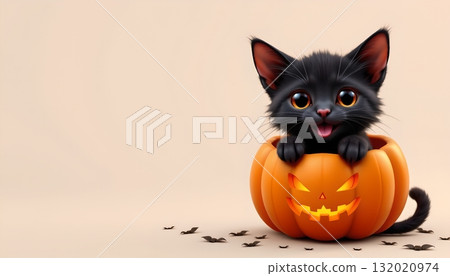 A cute black kitten is sitting inside a large orange pumpkin on what appears to be a Halloween themed background 132020974