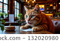 In the center of the image, an orange tabby cat is sitting at a bar, attentively looking down at a card placed in front of it 132020980
