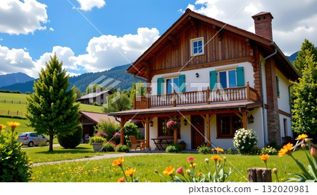A charming two story house with a brown wooden exterior, nestled in a lush green valley surrounded by mountains A charming two story house with a brown wooden exterior, nestled in a lush green valley surrounded by mountains 132020981