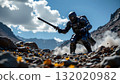 A person dressed in a full body suit with a helmet, standing amidst a rugged natural landscape 132020982