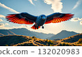 An eagle in flight with a vibrant red wing spread wide against a clear sky backdrop of a mountainous landscape. 132020983