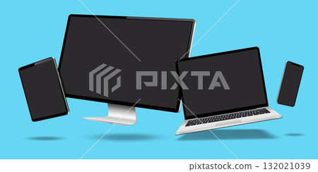 Modern desktop computer, laptop, and tablet mockup with blank screens. Digital devices levitation on blue background. 132021039