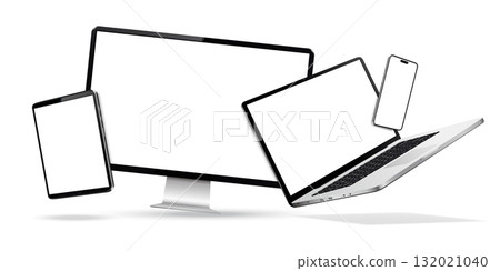 Modern smartphone, tablet, laptop and desktop computer with blank screens. Levitation effect 132021040