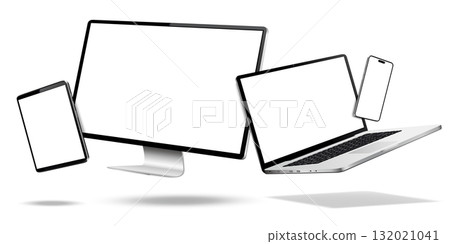 Flying computer display, laptop, tablet, phone mock up with white screen isolated 132021041