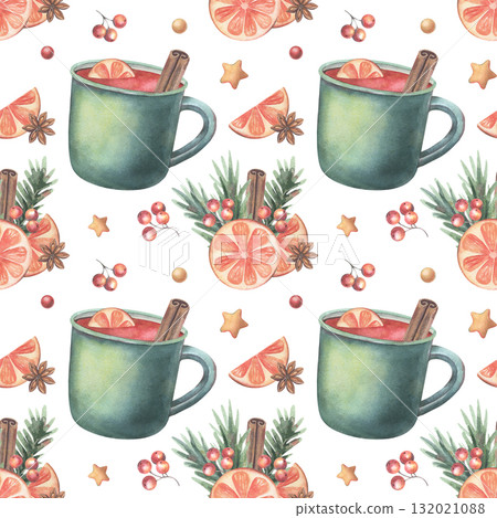 Seamless holiday pattern with mulled wine, orange slices, berries, stars. Hand-painted watercolor illustration isolated on white for printing on textile, packaging, wrapping paper, festive decor, 132021088