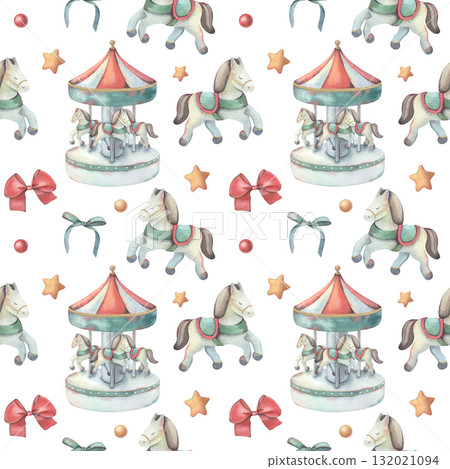 Seamless pattern, merry-go-round carousel, star, bow. Hand-painted watercolor illustration isolated on white for printing on textile, wallpaper, packaging, stationery, children decor, festive projects 132021094