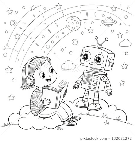 Boy and Robot Reading Coloring Page. Cute Space-Themed Kids Illustration with Stars and Planets | Printable Coloring Book Art Boy and Robot Reading Coloring Page. Cute Space-Themed Kids Illustration with Stars and Planets | Printable Coloring Book Art 132021272