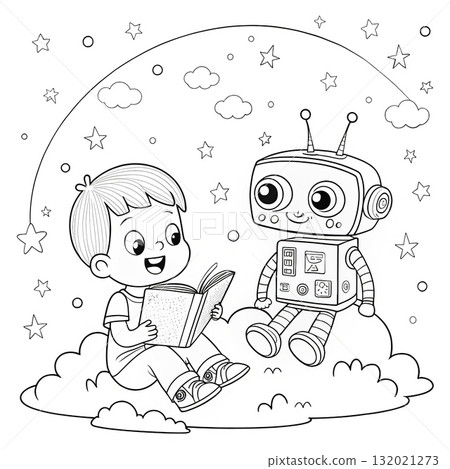 Boy and Robot Reading Coloring Page. Cute Space-Themed Kids Illustration with Stars and Planets | Printable Coloring Book Art 132021273