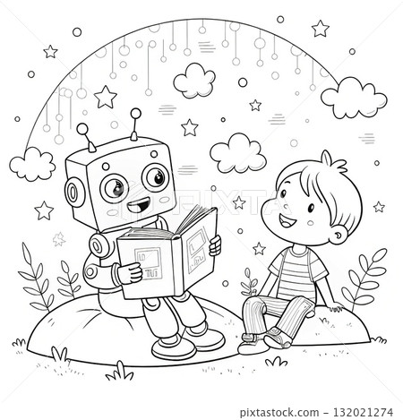Boy and Robot Reading Coloring Page. Cute Space-Themed Kids Illustration with Stars and Planets | Printable Coloring Book Art Boy and Robot Reading Coloring Page. Cute Space-Themed Kids Illustration with Stars and Planets | Printable Coloring Book Art 132021274