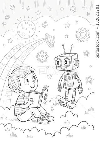 Boy and Robot Reading Coloring Page. Cute Space-Themed Kids Illustration with Stars and Planets | Printable Coloring Book Art 132021281