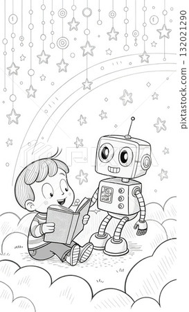 Boy and Robot Reading Coloring Page. Cute Space-Themed Kids Illustration with Stars and Planets | Printable Coloring Book Art Boy and Robot Reading Coloring Page. Cute Space-Themed Kids Illustration with Stars and Planets | Printable Coloring Book Art 132021290
