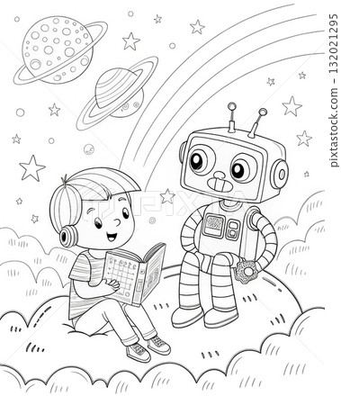 Boy and Robot Reading Coloring Page. Cute Space-Themed Kids Illustration with Stars and Planets | Printable Coloring Book Art Boy and Robot Reading Coloring Page. Cute Space-Themed Kids Illustration with Stars and Planets | Printable Coloring Book Art 132021295