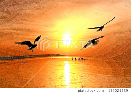 First sunrise of Kasumigaura where water birds play 132021389