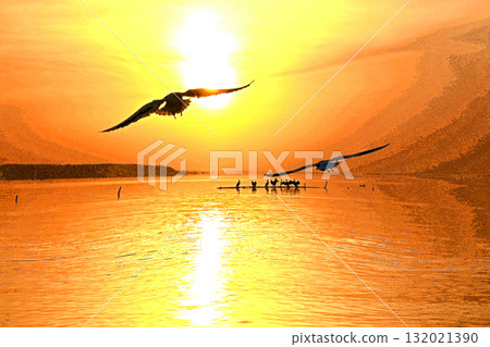 First sunrise of Kasumigaura where water birds play 132021390