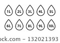 Water capacity icons set. Liquid volume symbol from 1 to 10 liters. Water drop line icon. Fluid volume. L sign. Scale for liquid. Vector illustration isolated on white background 132021393