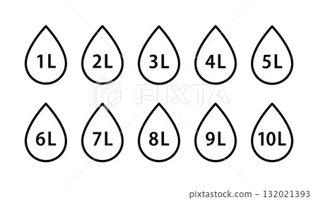Water capacity icons set. Liquid volume symbol from 1 to 10 liters. Water drop line icon. Fluid volume. L sign. Scale for liquid. Vector illustration isolated on white background 132021393
