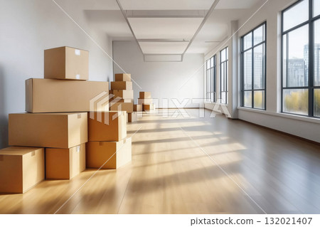 Moving cardboard boxes in empty sunny room Moving cardboard boxes in empty sunny room 132021407