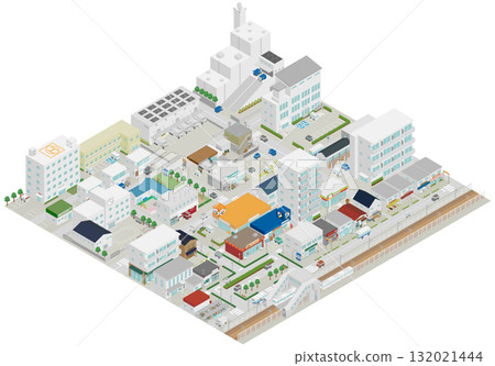 (Isometric) Japanese station area and urban infrastructure cityscape (houses, waste disposal facilities, warehouses, schools, hospitals) 132021444