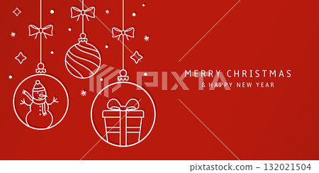 Christmas card with holidays decoration. Christmas decoration hanging on red background with shadow 132021504
