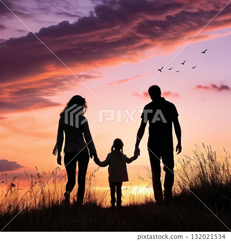 Silhouette of parents holding their childs hands at sunset, symbolizing love, unity, and family togetherness. 132021534