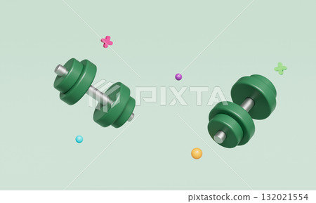 Green Dumbbell for Fitness and Strength Training. 3D Rendering. 132021554