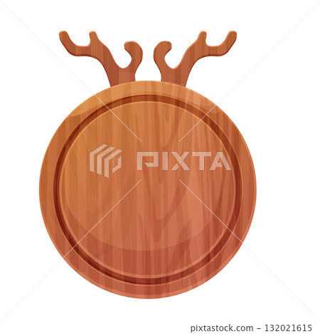 Cutting board wooden circle chopping desk with horns top view in cartoon style isolated on white background. Wood shield, menu mockup Cutting board wooden circle chopping desk with horns top view in cartoon style isolated on white background. Wood shield, menu mockup 132021615