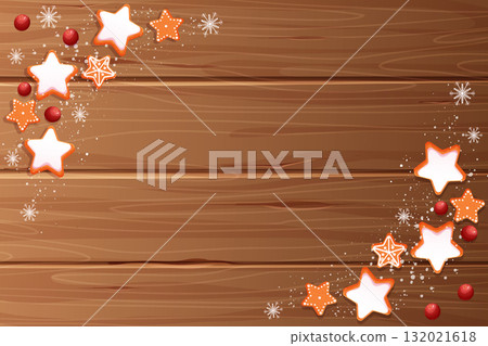 Wooden winter holiday table with gingerbread star with glaze, icing decoration, cranberry and snowflakes top view in cartoon style Christmas holiday cookie 132021618