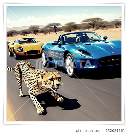 Cheetah vs Supercars on Dusty Savannah Road.A surreal race of speed wild cheetah and luxury sports cars sprint side by side in a cinematic savannah setting. 132021661