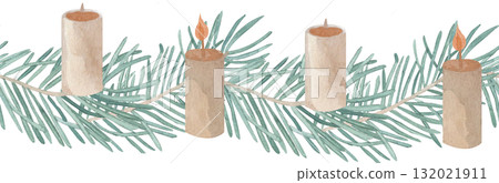 Candles and green fir branches seamless pattern border watercolor hand drawn isolated from background. Holiday horizontal frame for greeting cards, wrapping paper, scrapbooking, invitations, decor Candles and green fir branches seamless pattern border watercolor hand drawn isolated from background. Holiday horizontal frame for greeting cards, wrapping paper, scrapbooking, invitations, decor 132021911