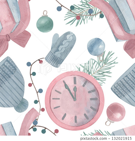 Watercolor hand drawn seamless pattern Christmas toys balls, gift, clock, knitted mitten and hat. For invitations, cards, posters, seasonal decor, winter holidays scrapbooking, New year wrapping paper Watercolor hand drawn seamless pattern Christmas toys balls, gift, clock, knitted mitten and hat. For invitations, cards, posters, seasonal decor, winter holidays scrapbooking, New year wrapping paper 132021915