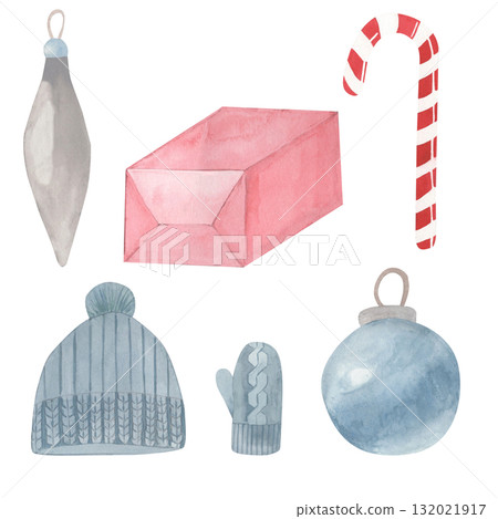 Festive watercolor set from gift pink box, New Year's Christmas blue ball and toy icicle, knitted mitten and hat, candy canes. Design for Christmas holiday. Watercolor hand draw illustration isolated 132021917