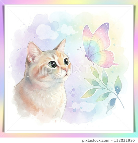 Whimsical watercolor cat gazing at butterflies in a dreamy, vibrant abstract world. Whimsical watercolor cat gazing at butterflies in a dreamy, vibrant abstract world. 132021950