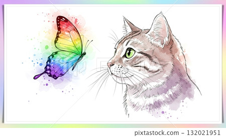 Whimsical watercolor cat gazing at butterflies in a dreamy, vibrant abstract world. Whimsical watercolor cat gazing at butterflies in a dreamy, vibrant abstract world. 132021951