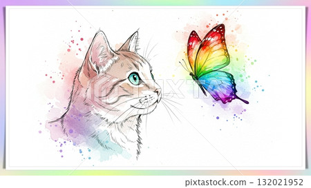 Whimsical watercolor cat gazing at butterflies in a dreamy, vibrant abstract world. Whimsical watercolor cat gazing at butterflies in a dreamy, vibrant abstract world. 132021952
