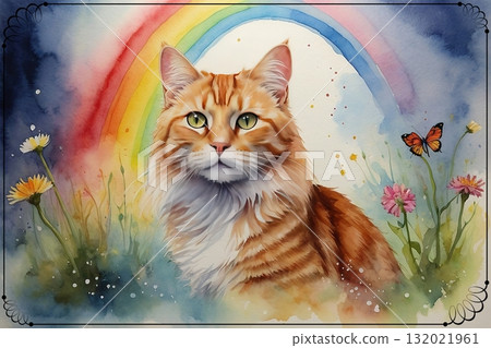 Whimsical watercolor cat gazing at butterflies in a dreamy, vibrant abstract world. 132021961