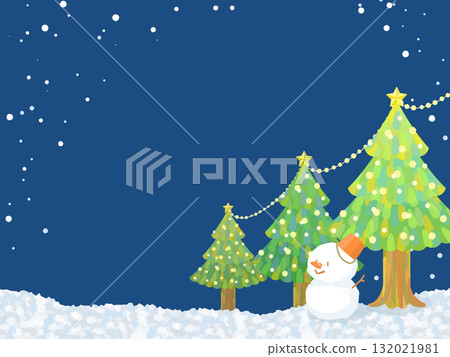 Background illustration of a Christmas tree and snowman on a snowy night Background illustration of a Christmas tree and snowman on a snowy night 132021981