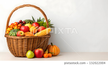 Bountiful harvest basket filled with colorful fruits and vegetables in a bright setting 132022004